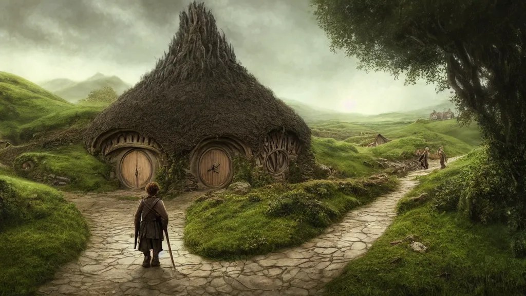 frodo returning to bag end at the end of his journey, Stable Diffusion