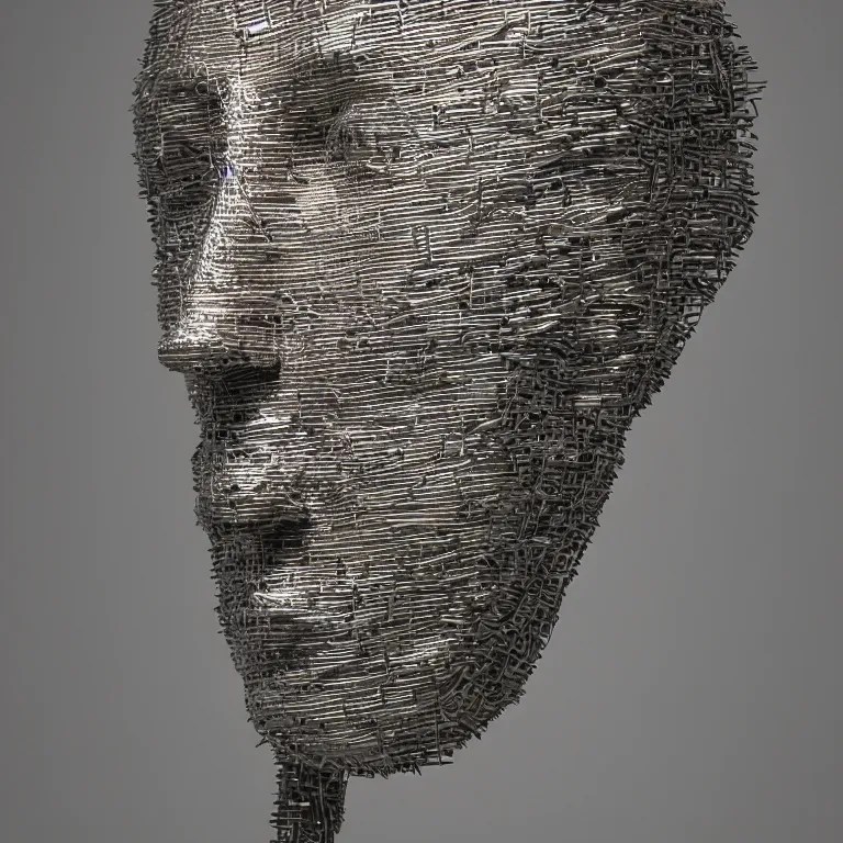 sculpture of a head made from stainless steel staples, Stable Diffusion