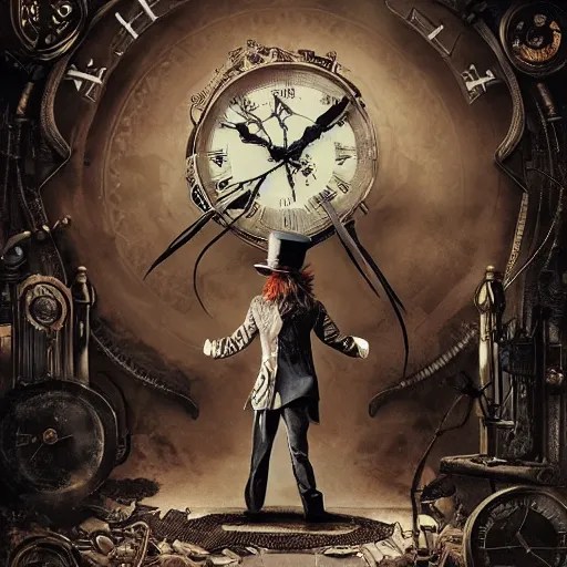 The Mad Hatter standing in front of a twisted clock in Stable Diffusion