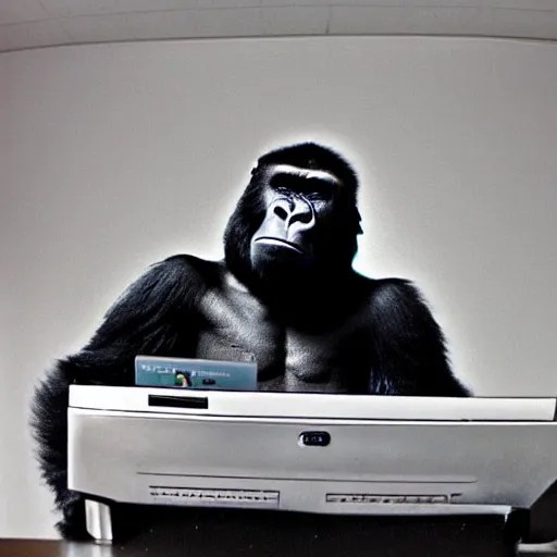a gorilla using a 9 0's computer to surf the Stable Diffusion
