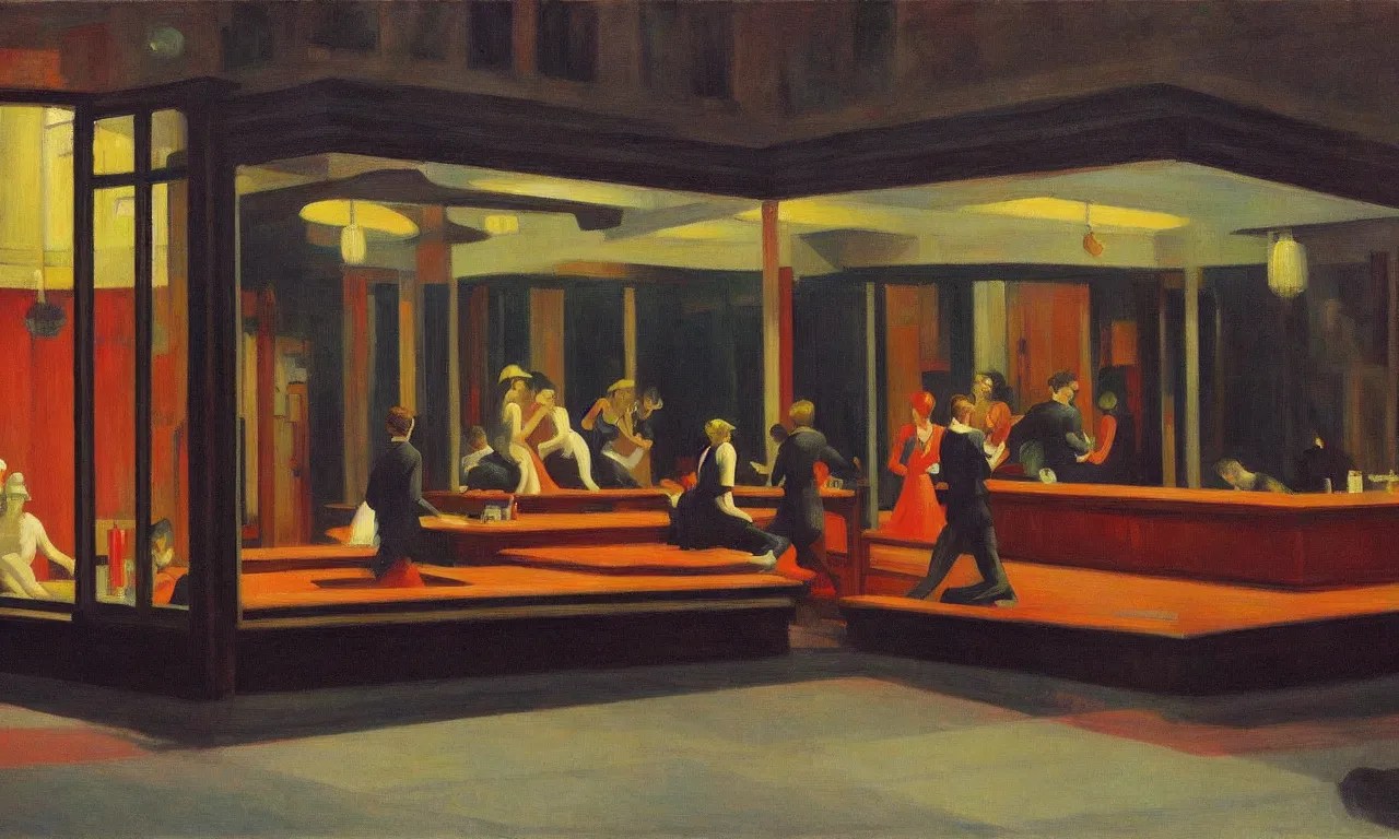 an edward hopper style painting of a busy street of ( Stable Diffusion