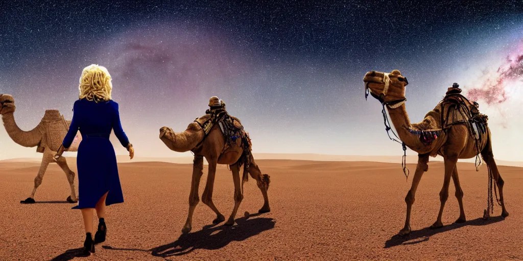 Dolly Parton walking with a camel, James b Space Stable Diffusion