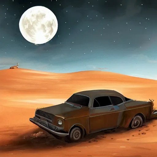 car driving up mountain at night with moon in the sky, Stable