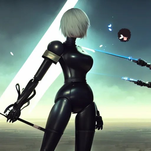 2 b nier automata fighting a robot, art by moebius, Stable Diffusion
