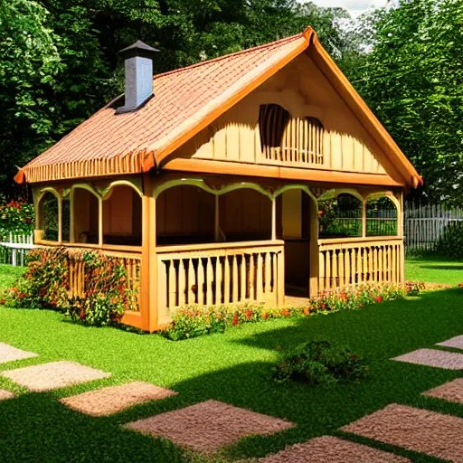 small wooden german garden house with a plastic roofed Stable