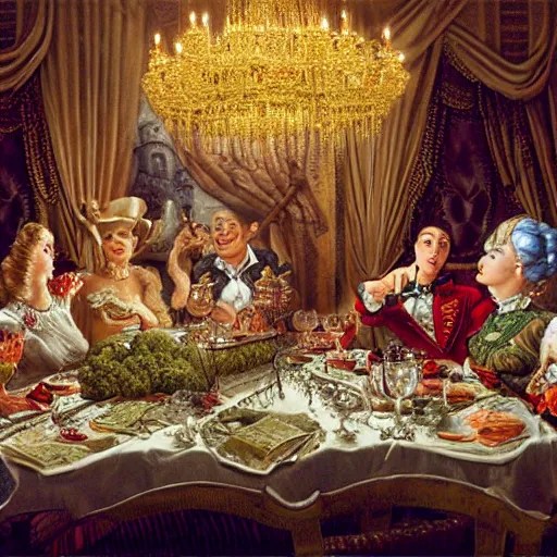 fancy dinner with people sitting around a large dinner Stable Diffusion