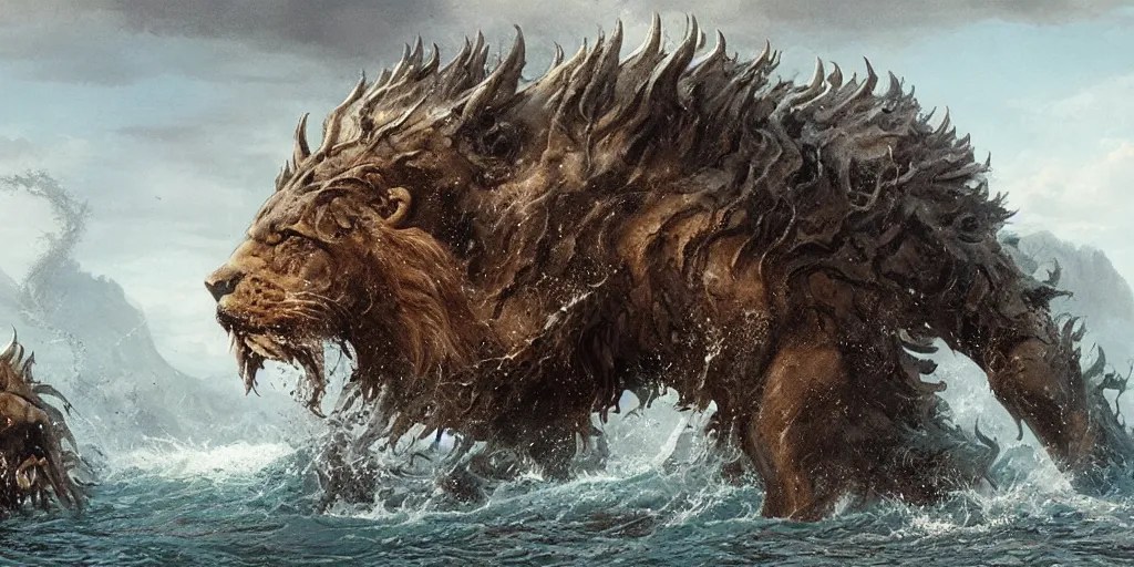a beast rising out of the sea with seven heads and ten Stable