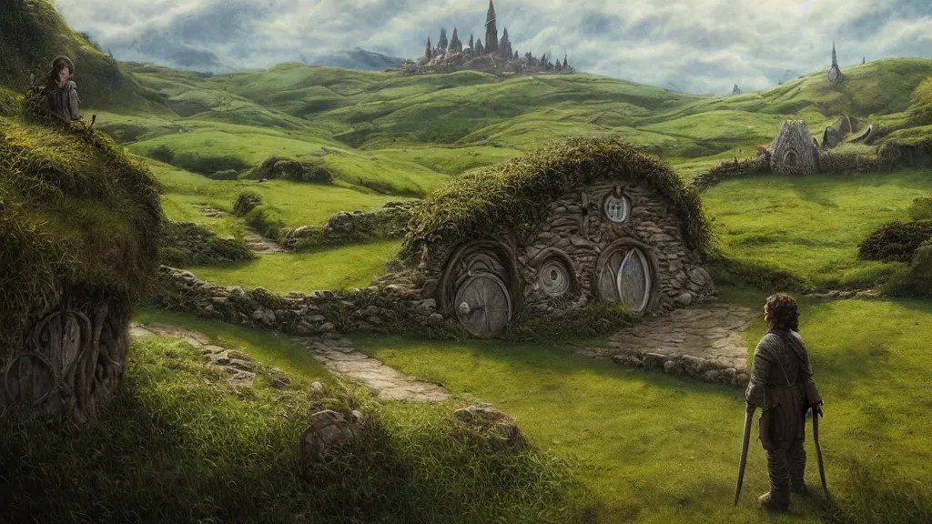 frodo standing looking back over hobbiton, bag end Stable Diffusion