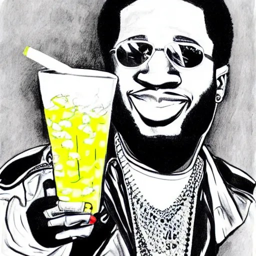 ink drawing of gucci mane drinking lemonade, hyper Stable Diffusion