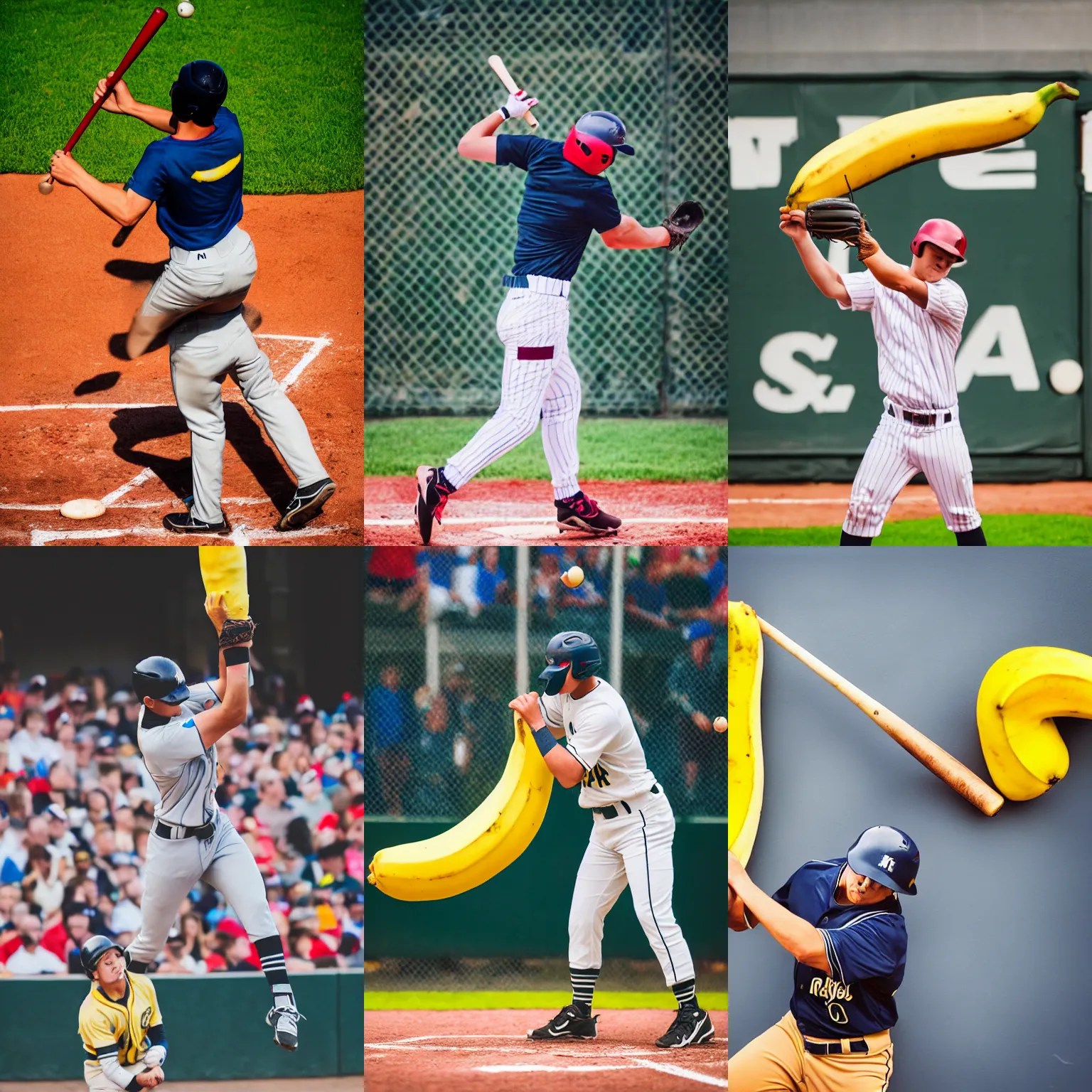 a baseball player hitting the ball with a giant banana Stable