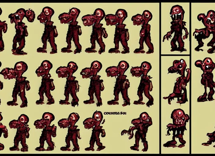 sprite sheet of a zombie walking in cuphead, detailed, Stable