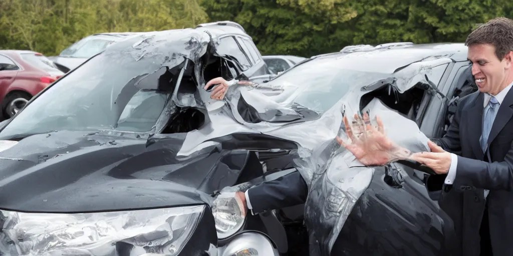 car salesman slapping roof of the car, horror, hp Stable Diffusion