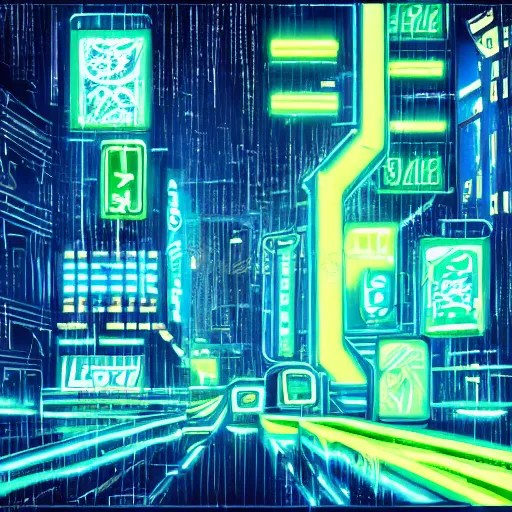 a blue and green neon city in the style of blade runner Stable