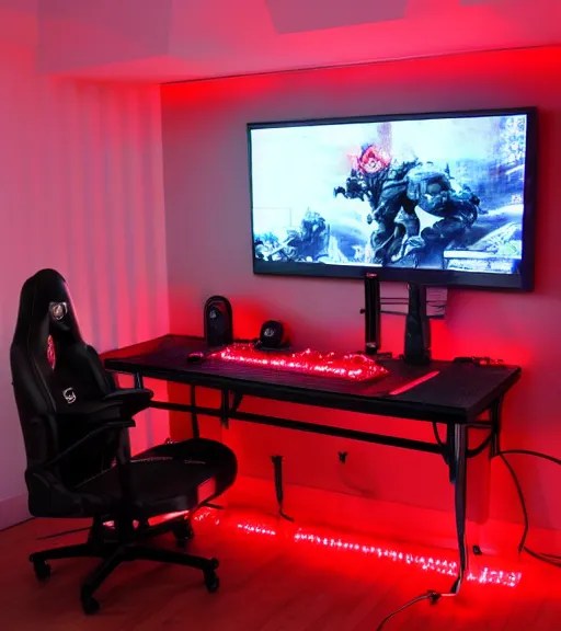 gamer room with a person, red led lights, gamer chair Stable
