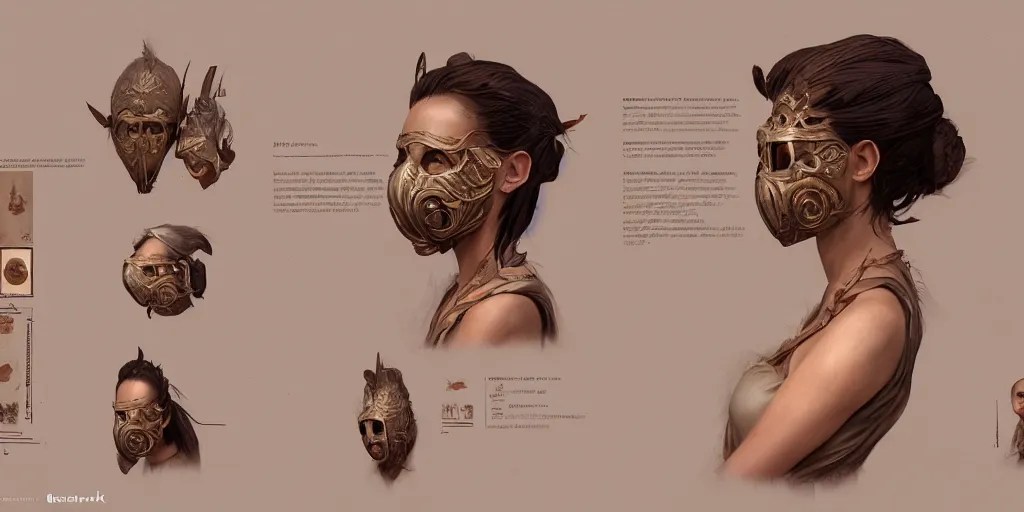 woman with wooden mask design, character sheet, Greg Stable Diffusion