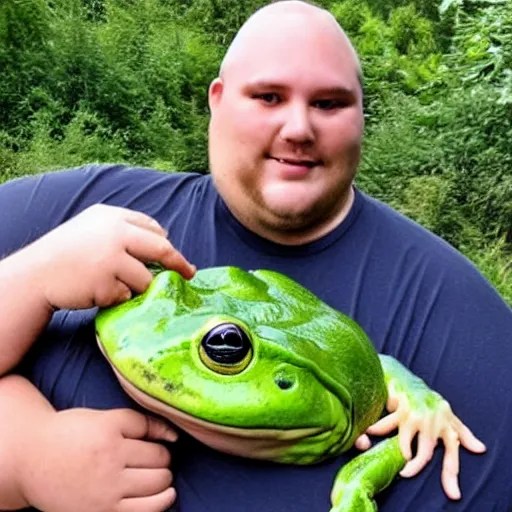fat man holding worlds largest fat frog which is Stable Diffusion