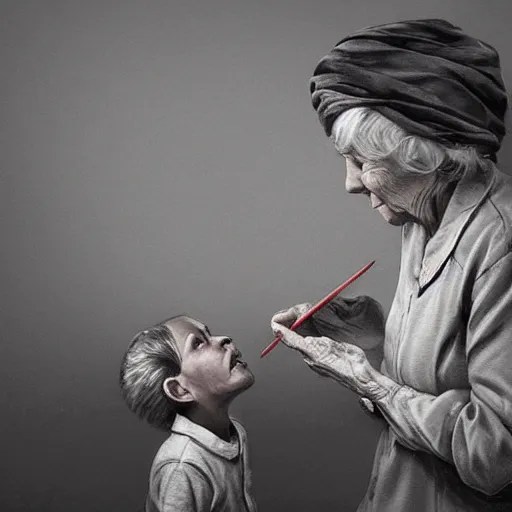 very elderly woman feeding crayons to a child, in the Stable