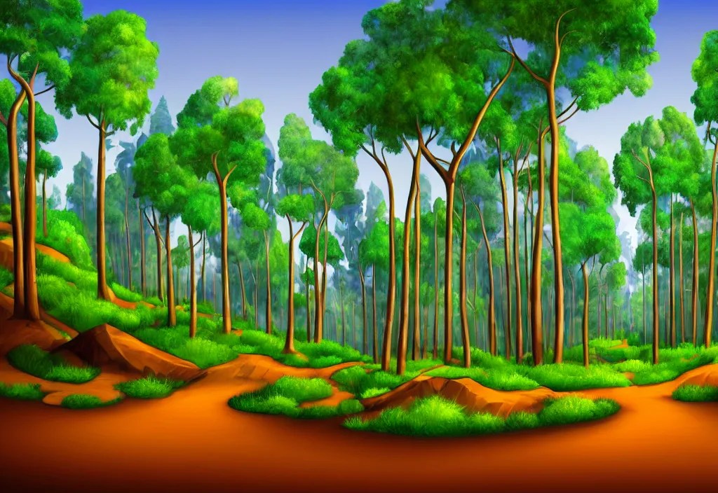 blurry cartoon background of a forest that leads to a Stable Diffusion