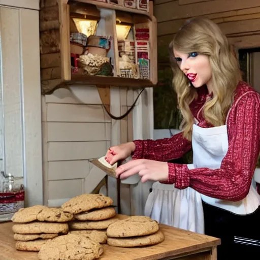 Taylor swift making cookies happily in a cute cottage Stable Diffusion