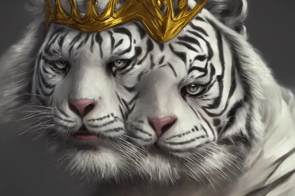 artwork of a white tiger king with gold crown and blue Stable Diffusion