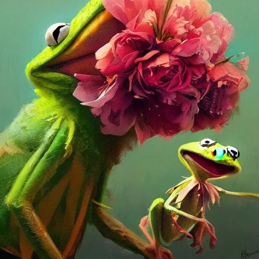 painting of kermit the frog dressed with flowers, Stable Diffusion