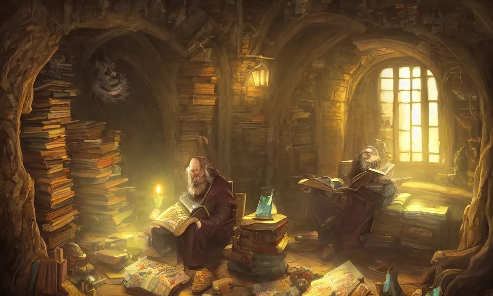 Fantasy painting of a wizard reading a book in his Stable Diffusion