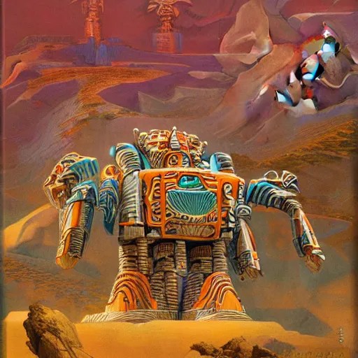 elaborate mayan art deco mecha in mesa landscape by j. Stable