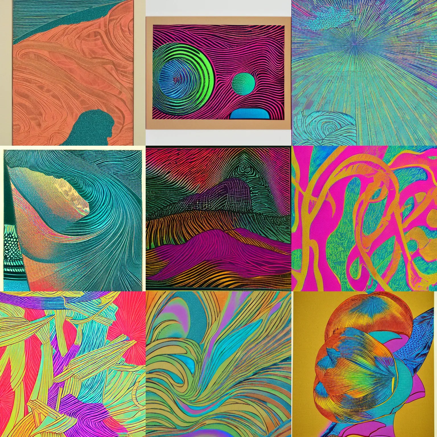 iridescent color woodcut print on japanese paper Stable Diffusion