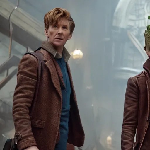 newt scamander walking hand in hand with baby groot Stable Diffusion
