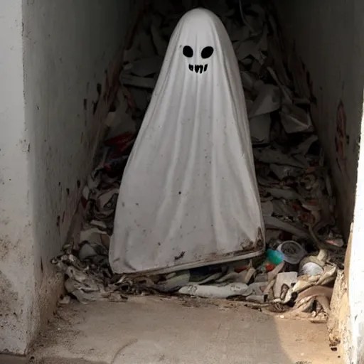 scary face of a ghost in Mexico, coming out of a trash Stable