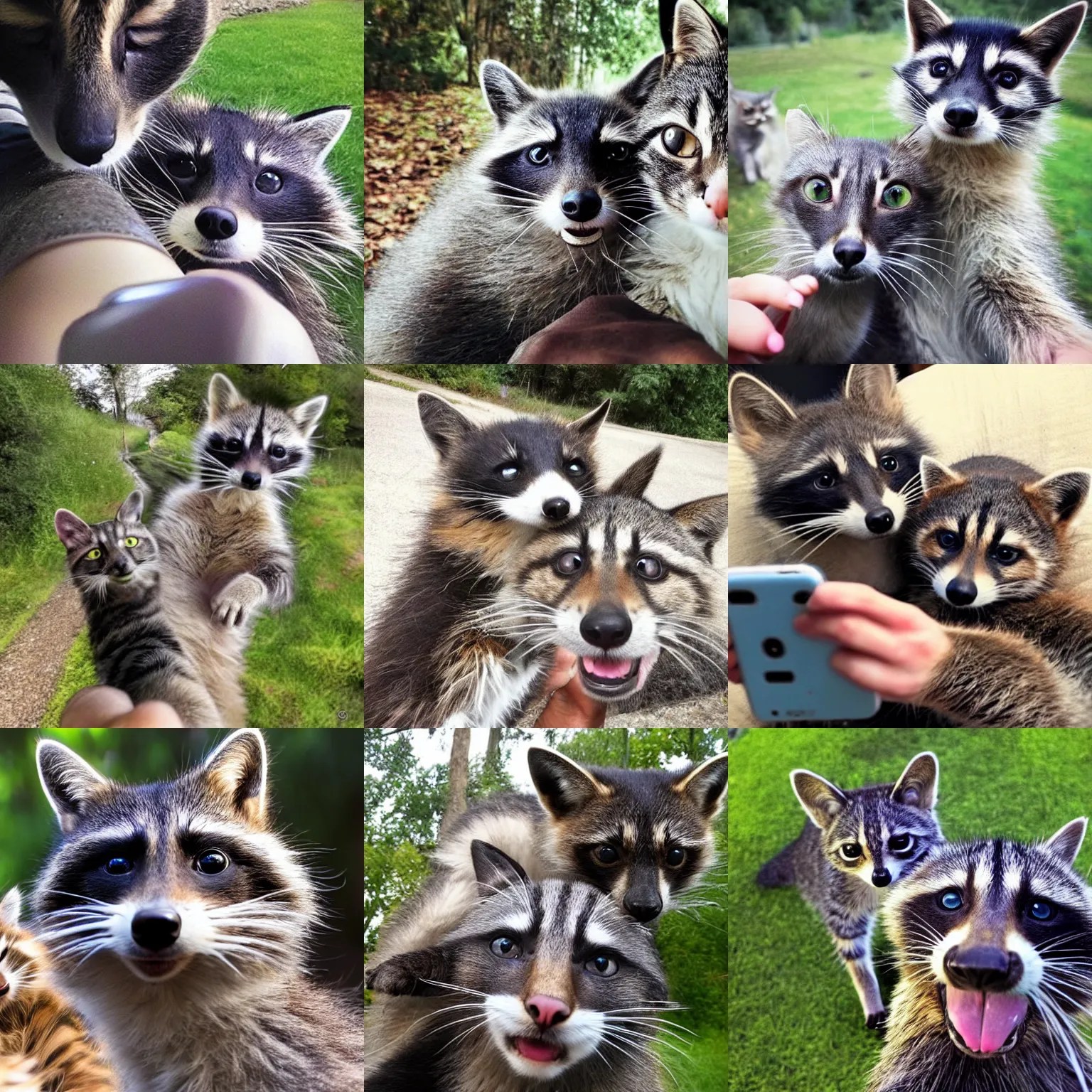 a photo selfie of cat and raccoon, best friends Stable Diffusion