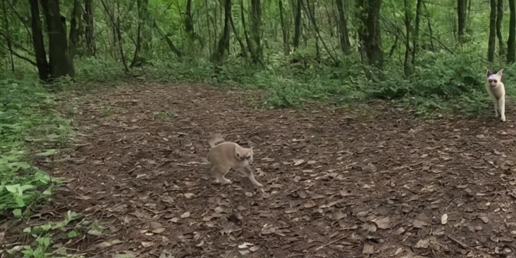 siamese cat stalking in woods, trail cam footage, Stable Diffusion
