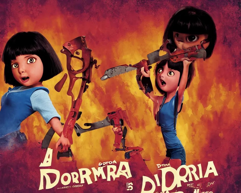 a horror movie poster featuring Dora holding a Chainsaw Stable