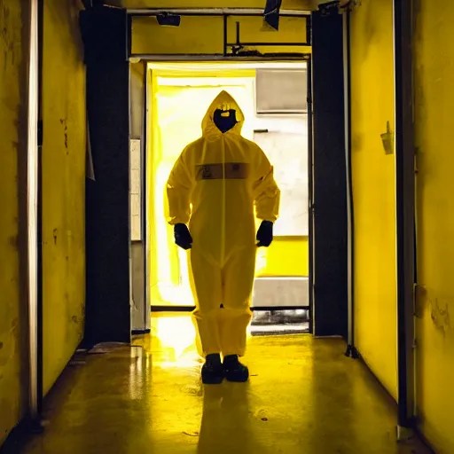 a man wearing a yellow hazmat suit inside the dark Stable Diffusion