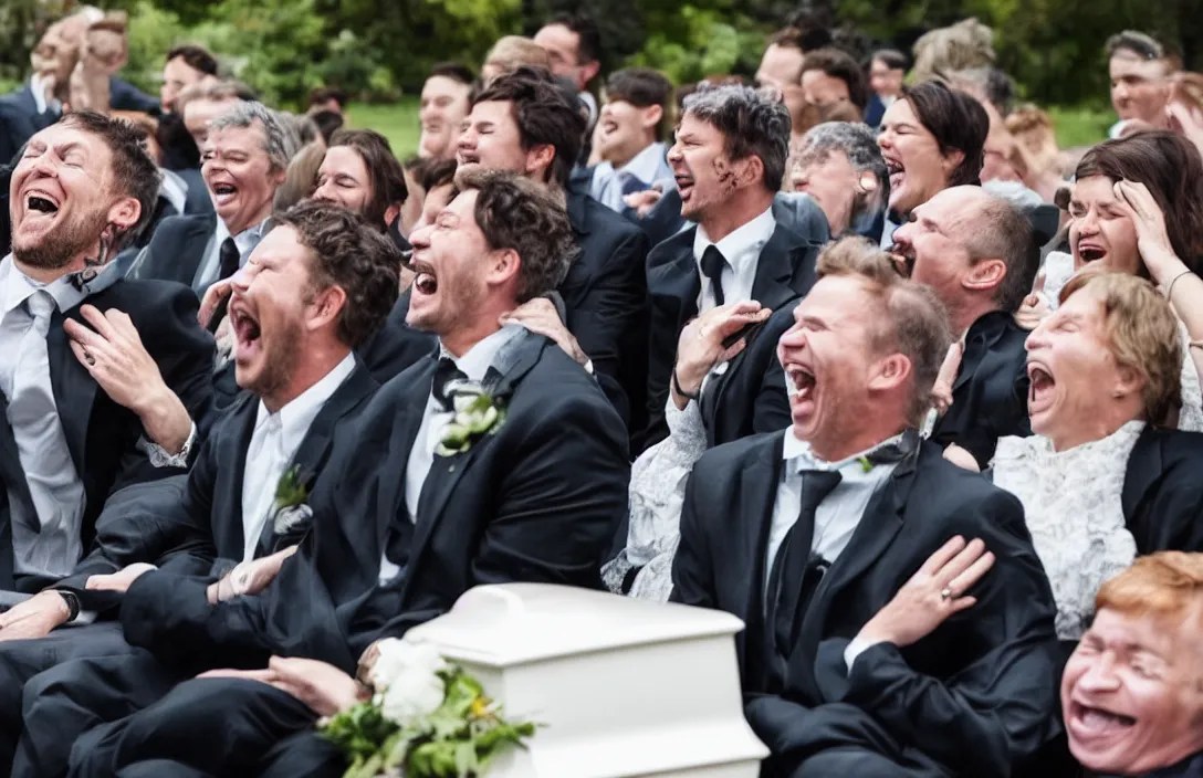 a man laughing hysterically at a funeral while Stable Diffusion