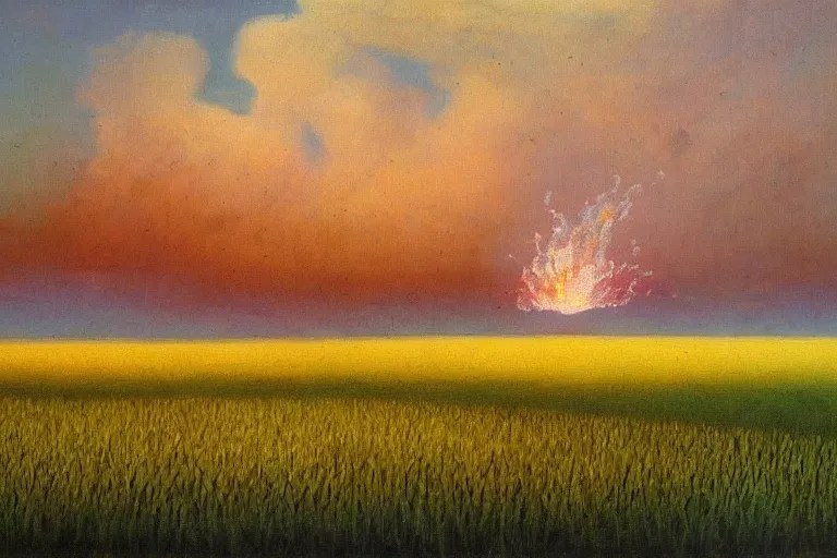 wheat field and a nuclear explosion in the background, Stable