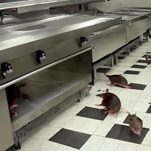 rats run around in a fast food restaurant kitchen Stable Diffusion