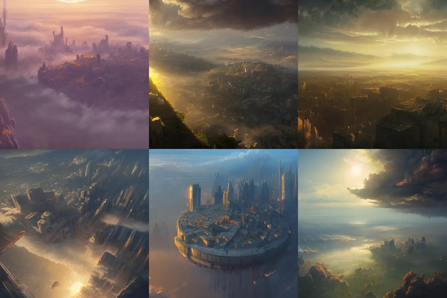 matte painting of an idyllic city in the clouds, seen Stable