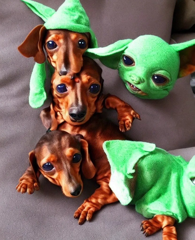 a dachshund dressed as Baby Yoda, Stable Diffusion OpenArt