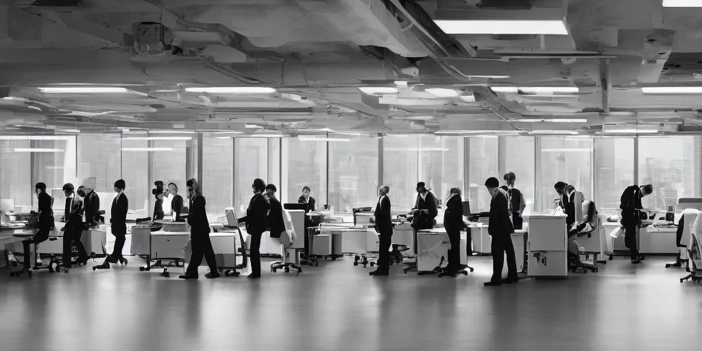 a large office filled with hundreds of depressed Stable Diffusion