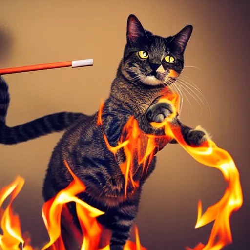 professional photograph of a cat juggling fire sticks Stable