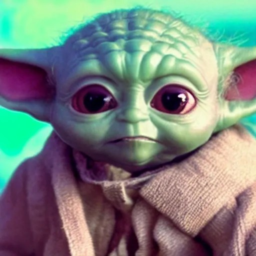 A film still of Baby Yoda as a Jedi king wearing his Stable Diffusion