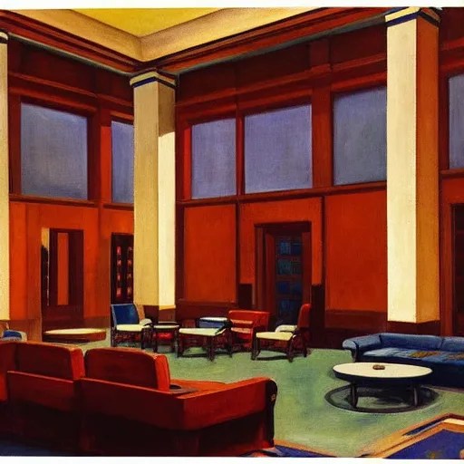 interior of a 1 9 4 0 s hotel lobby, by edward hopper Stable