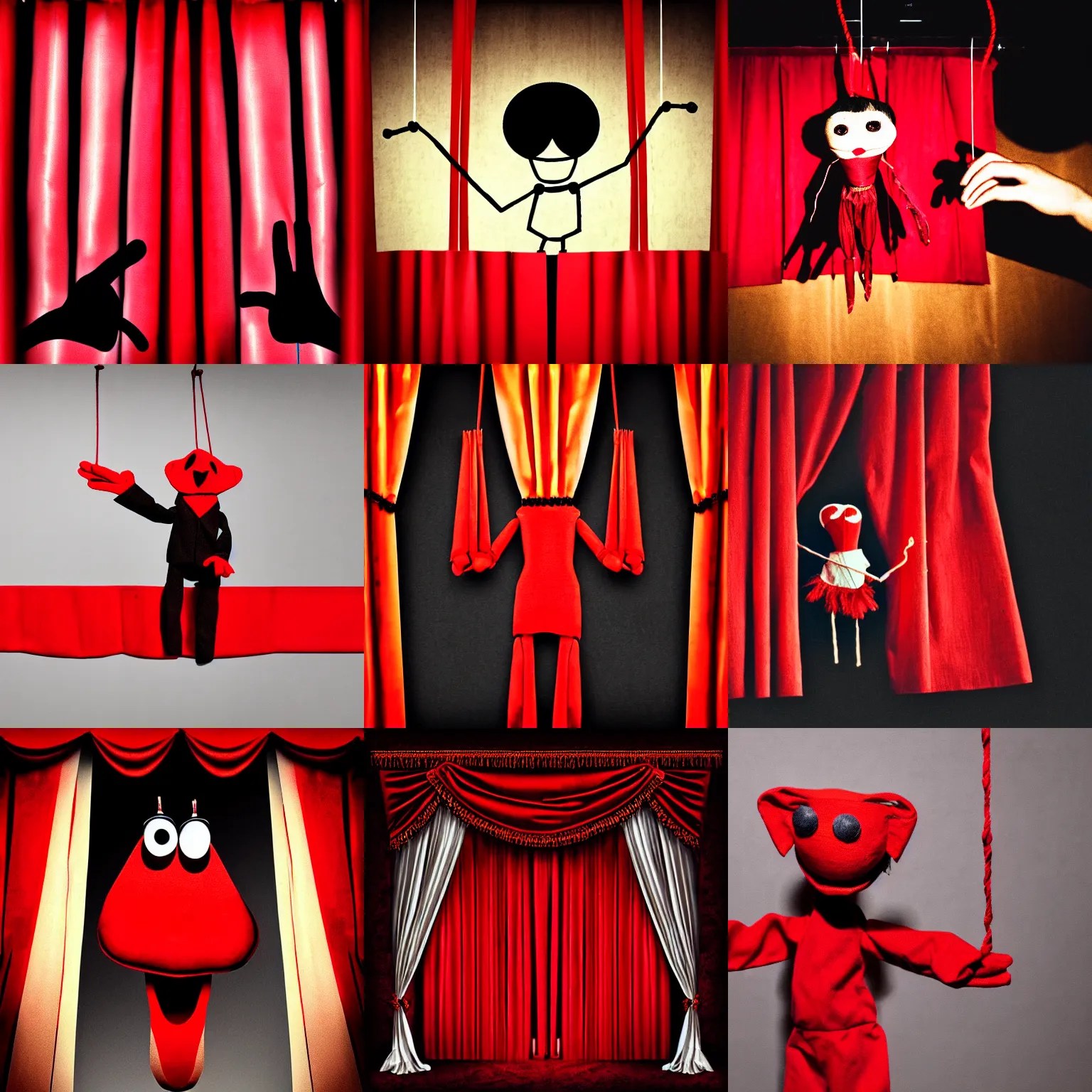 puppet on strings behind red curtains, an album cover, Stable