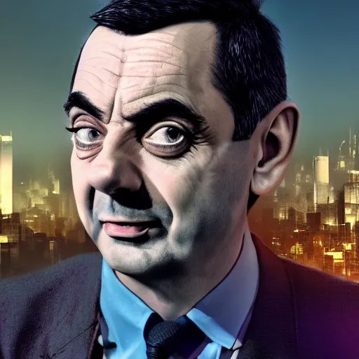 mr bean, head and shoulder shot, cyberpunk city, city Stable