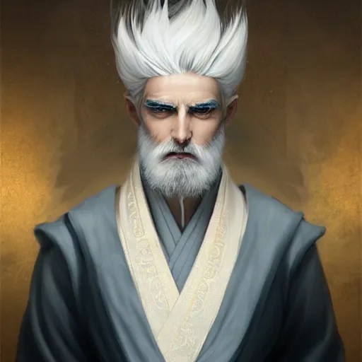 white haired robe fu xi full male body portrait, sit Stable Diffusion