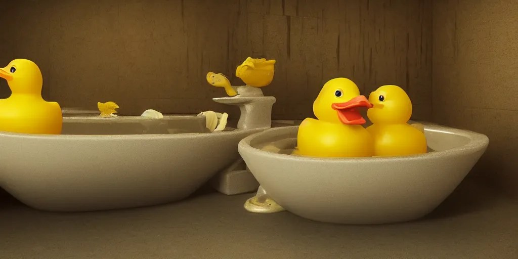An Epic yellow rubber duck bathtub battle, realistic Stable Diffusion