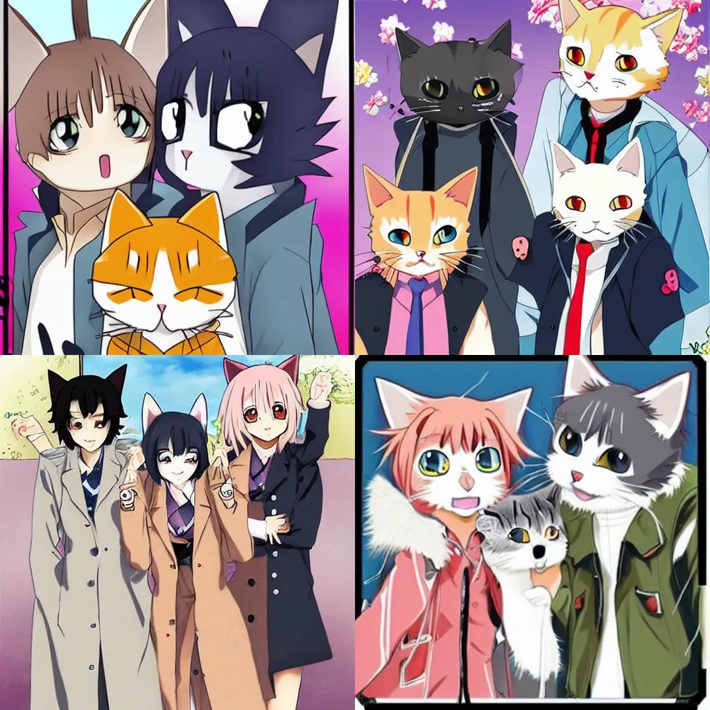 three anime cats in a trenchcoat Stable Diffusion OpenArt