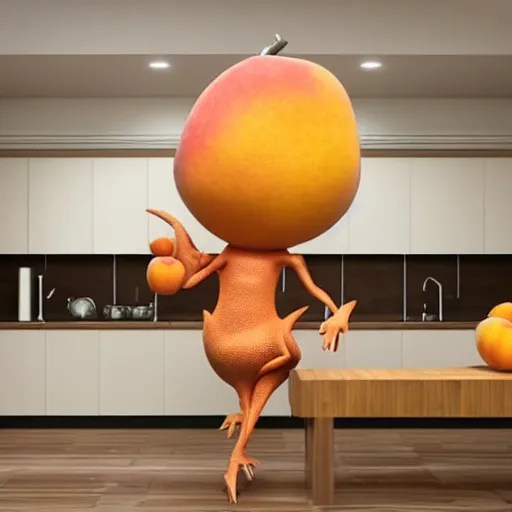 a peach inspired creature dancing in a kitchen, Stable Diffusion