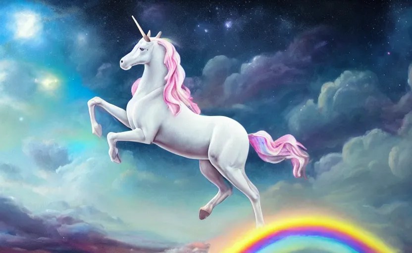 an oil painting of a unicorn walking on an rainbow in Stable